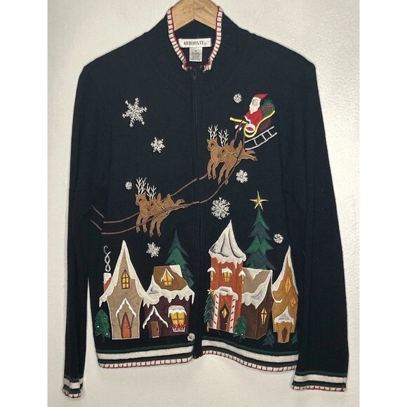 Arriviste Zip Cardigan Winter Wonderland Santa Reindeer Xmas Tree Medium Black - Picture 1 of 3